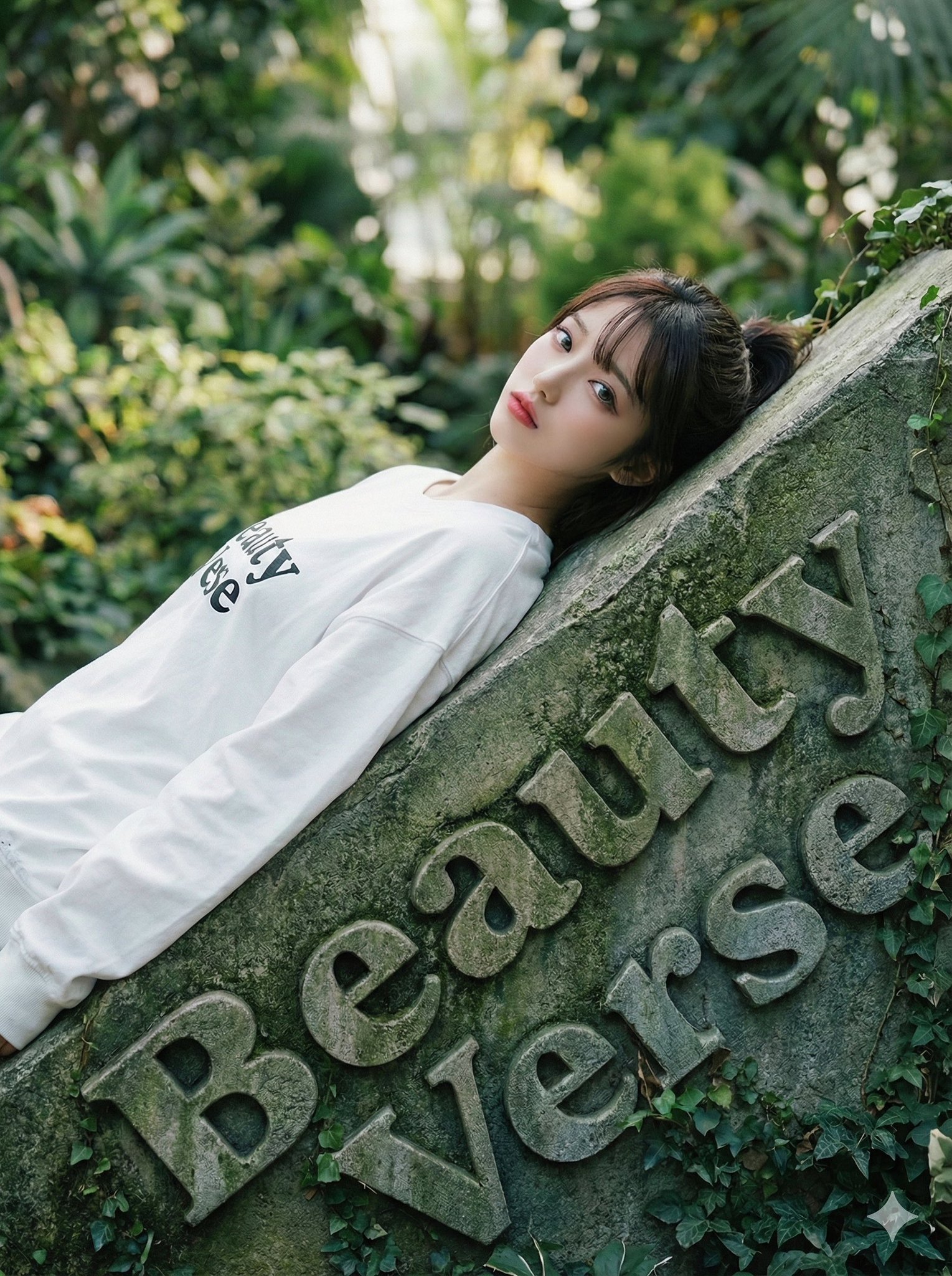 AI generated girl in tropical garden portrait